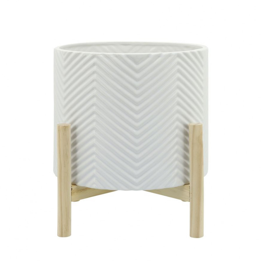 Sagebrook 12" Ceramic Chevron Planter With Wood Stand - White