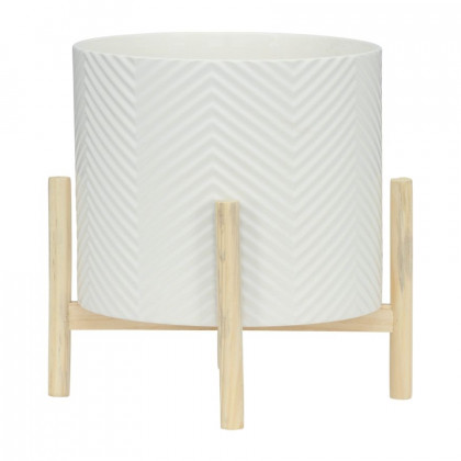 Sagebrook 12" Ceramic Chevron Planter With Wood Stand - White