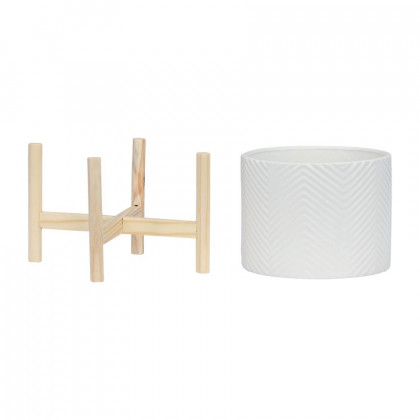 Sagebrook 8" Ceramic Chevron Planter With Wood Stand - White