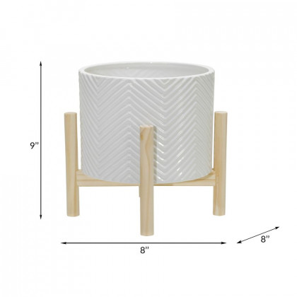 Sagebrook 8" Ceramic Chevron Planter With Wood Stand - White