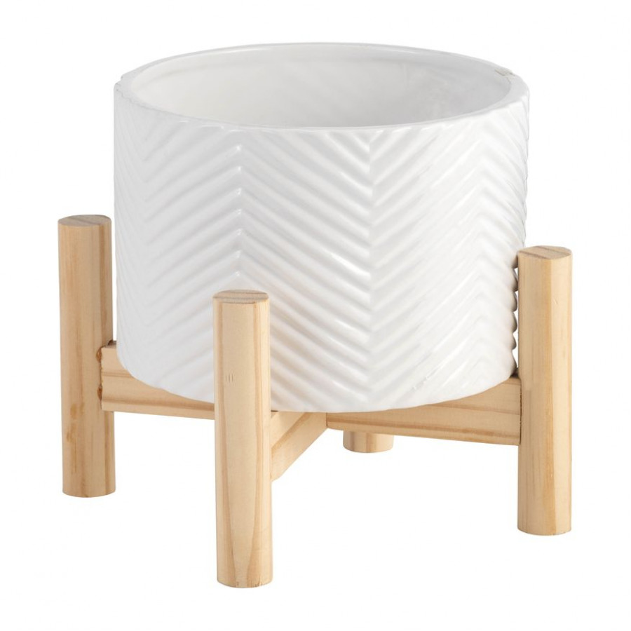 Sagebrook - 12" Ceramic Chevron Planter With Wood Stand