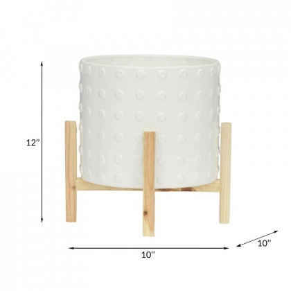 Sagebrook 12" Ceramic Dotted Planter With Wood Stand - White
