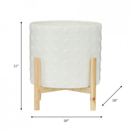 Sagebrook 12" Ceramic Dotted Planter With Wood Stand - White