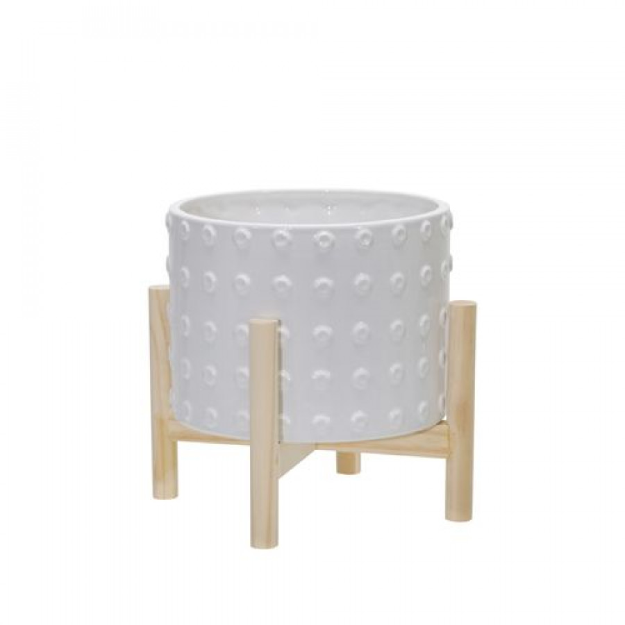 Sagebrook 8" Ceramic Dotted Planter With Wood Stand - White