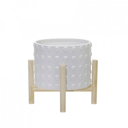 Sagebrook 8" Ceramic Dotted Planter With Wood Stand - White