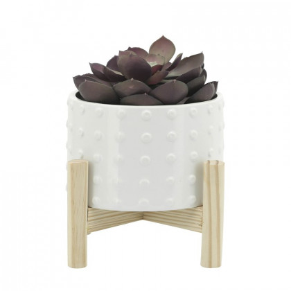 Sagebrook 6" Ceramic Dotted Planter With Wood Stand - White
