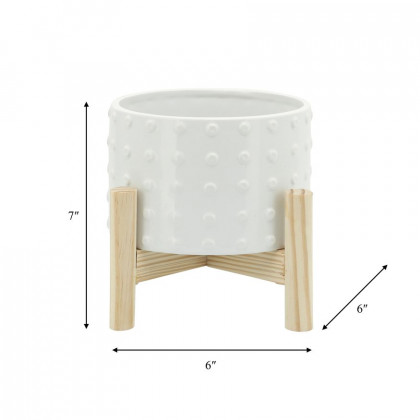 Sagebrook 6" Ceramic Dotted Planter With Wood Stand - White