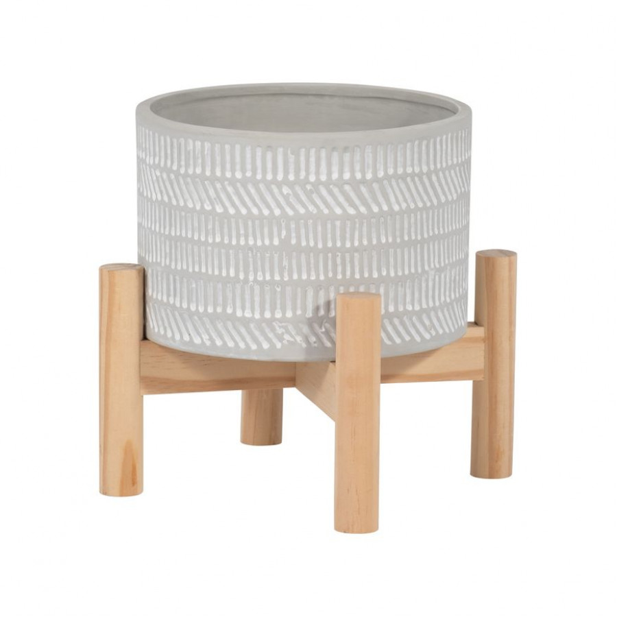 Sagebrook 6" Ceramic Tribal Planter With Wood Stand - Beige