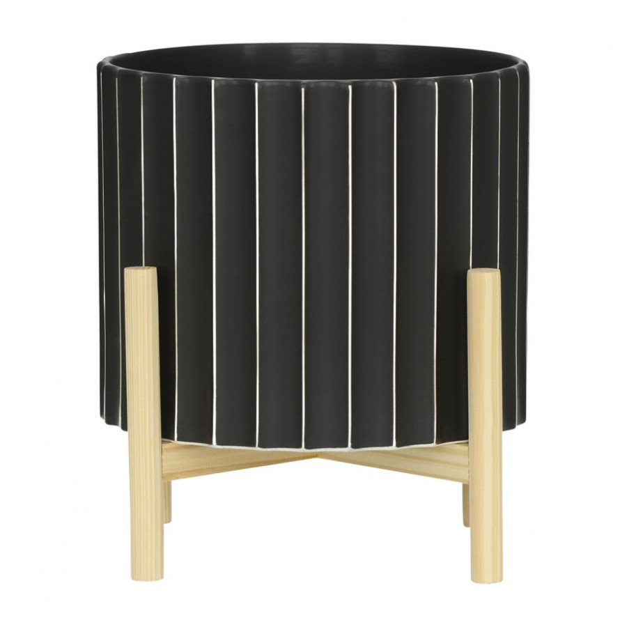 Sagebrook - 12" Ceramic Fluted Planter With Wood Stand