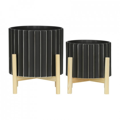 Sagebrook 12" Ceramic Fluted Planter With Wood Stand - Black