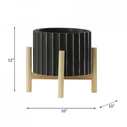Sagebrook 12" Ceramic Fluted Planter With Wood Stand - Black