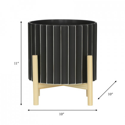 Sagebrook 12" Ceramic Fluted Planter With Wood Stand - Black