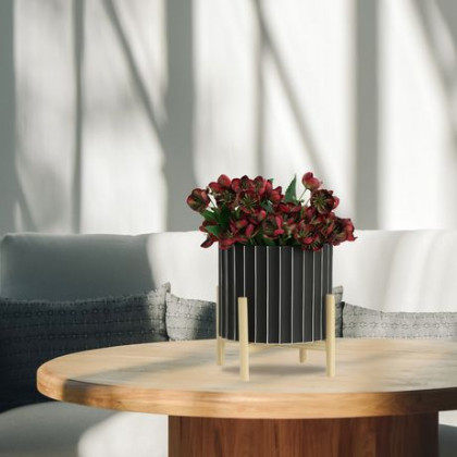 Sagebrook 12" Ceramic Fluted Planter With Wood Stand - Black