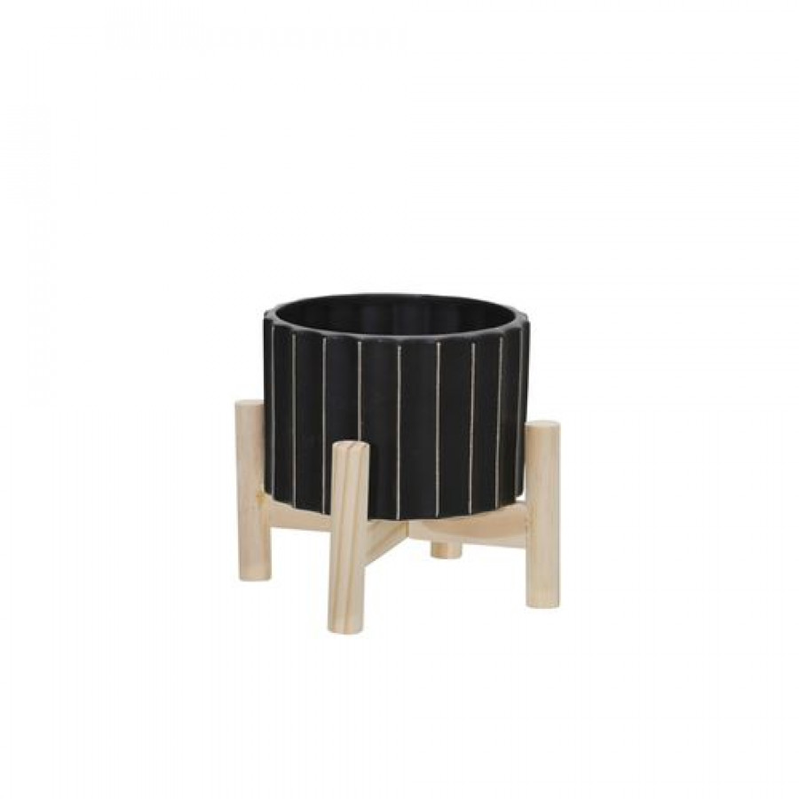 Sagebrook 6" Ceramic Fluted Planter With Wood Stand - Black