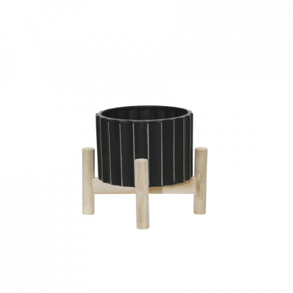 Sagebrook 6" Ceramic Fluted Planter With Wood Stand - Black