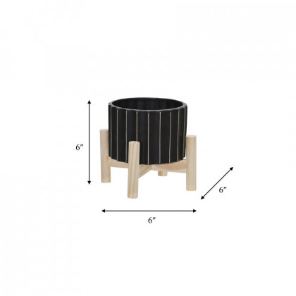 Sagebrook 6" Ceramic Fluted Planter With Wood Stand - Black