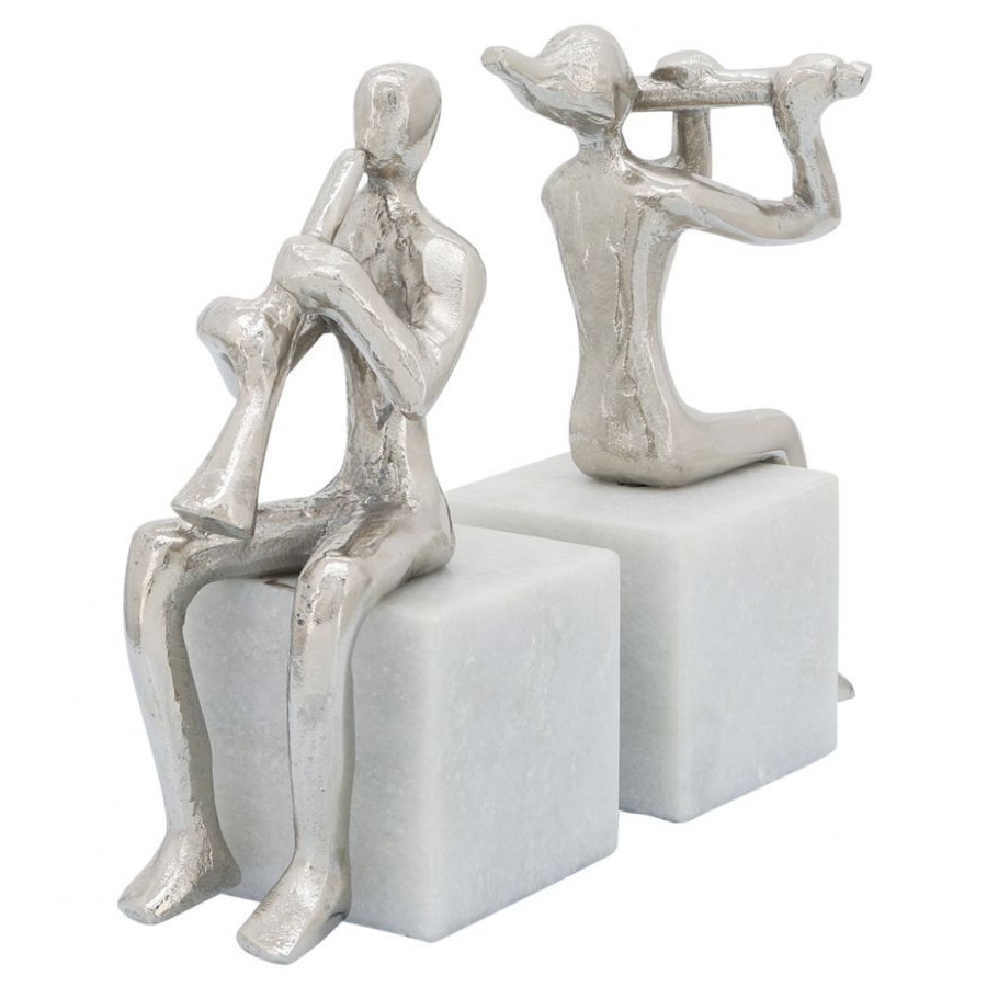 Sagebrook - Metal Musicians On Marble Base (Set Of 2) in Silver