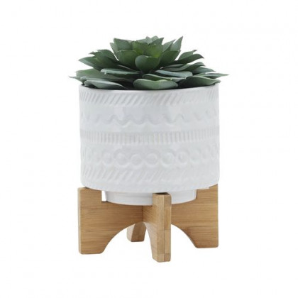 Sagebrook 5" Tribal Planter With Wood Stand - White