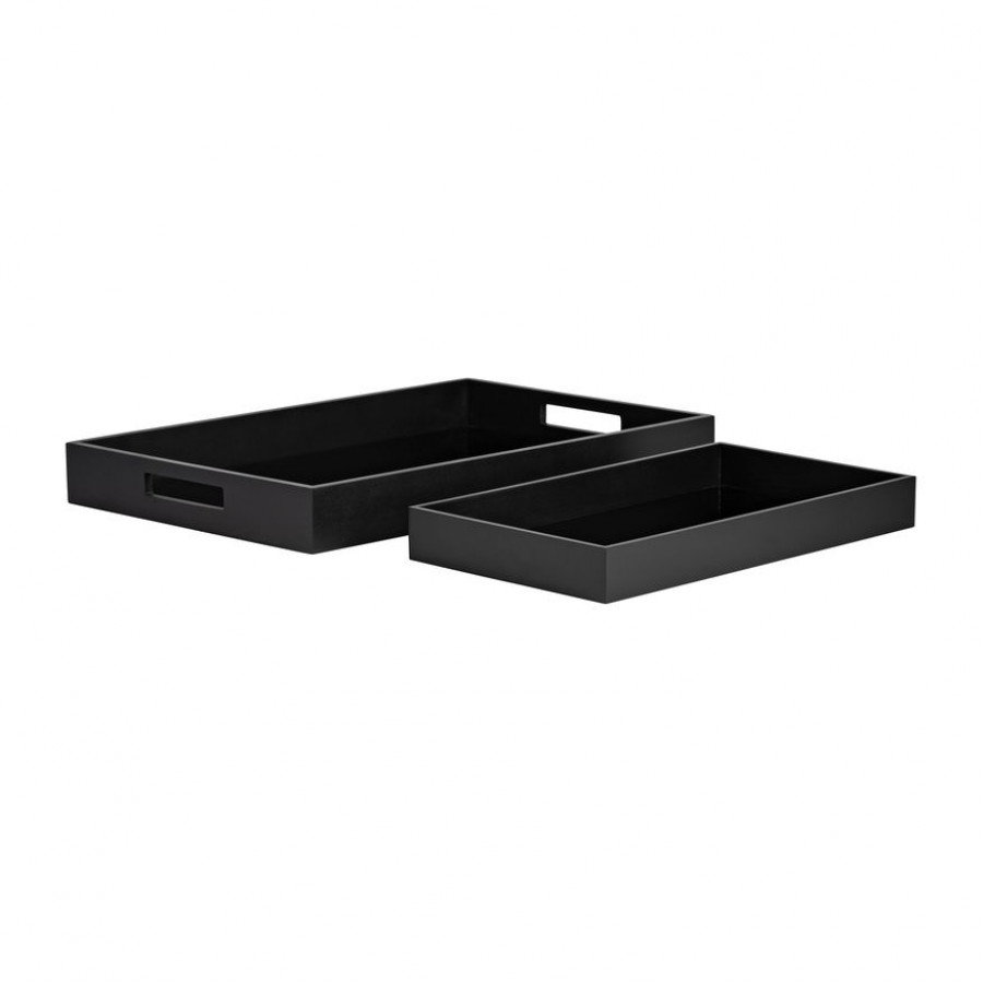 Sagebrook - 14"/18" Wood/Glass Reactangular Trays (Set Of 2) in Black