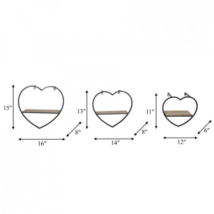 Sagebrook Metal/Wood Heart Wall Shelves (Set Of 3) - Brown/black