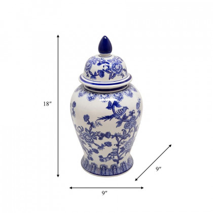 Sagebrook 18" Ceramic Temple Jar Bird/Flower - Blue