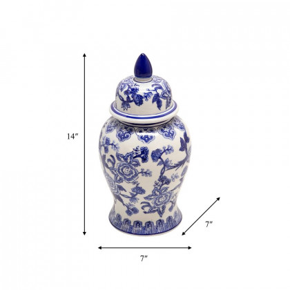 Sagebrook 14" Ceramic Temple Jar Bird/Flower - Blue