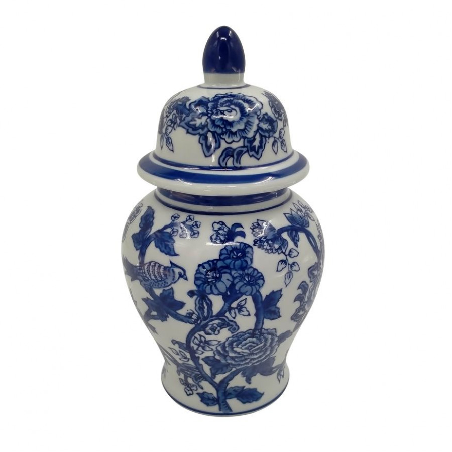 Sagebrook 10" Ceramic Temple Jar Bird/Flower - Blue