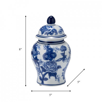 Sagebrook 8" Ceramic Temple Jar Bird/Flower - Blue