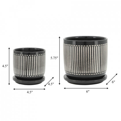 Sagebrook - 5"/6" Vertical Lines Planters With Saucer (Set Of 2) in Black