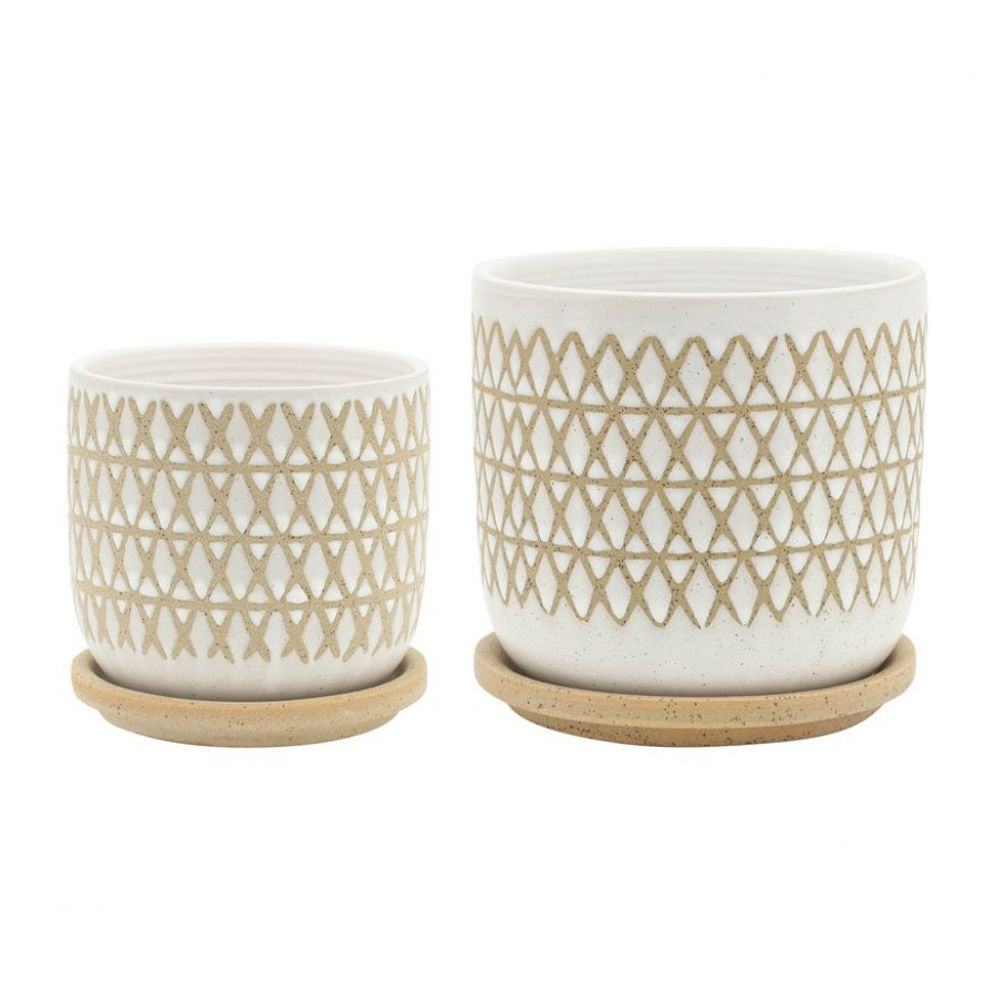 Sagebrook - 5"/6" Criss/Cross Planters With Saucer (Set Of 2) in Beige
