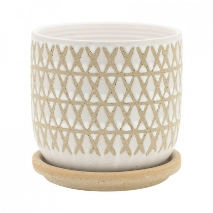 Sagebrook - 5"/6" Criss/Cross Planters With Saucer (Set Of 2) in Beige