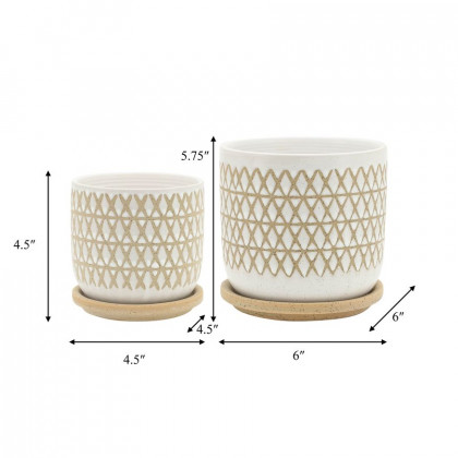 Sagebrook - 5"/6" Criss/Cross Planters With Saucer (Set Of 2) in Beige