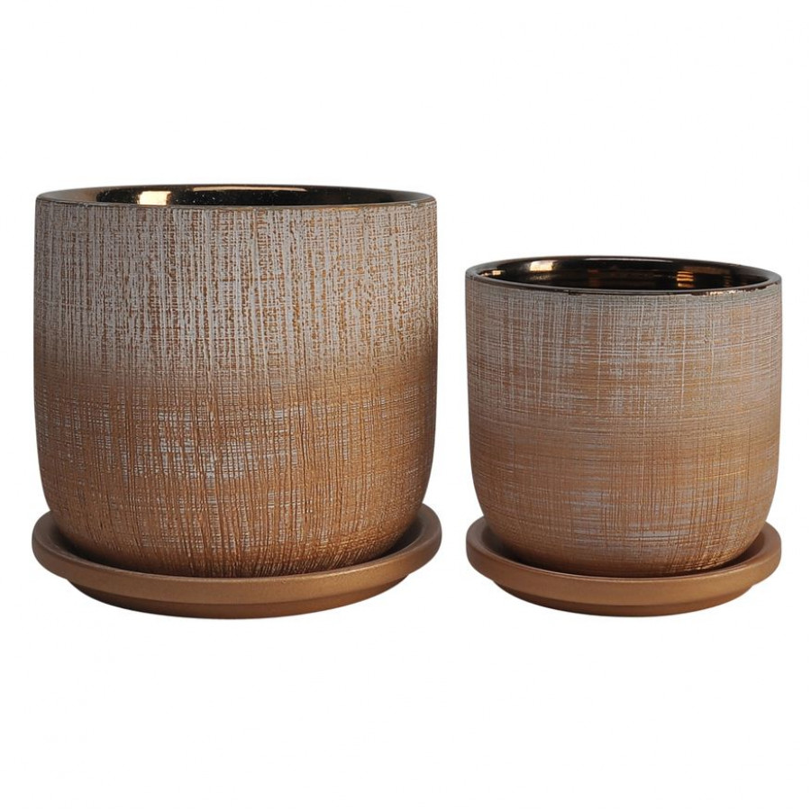 Sagebrook - 5"/6" Textured Planters With Saucer (Set Of 2) in Gold