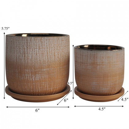 Sagebrook - 5"/6" Textured Planters With Saucer (Set Of 2) in Gold