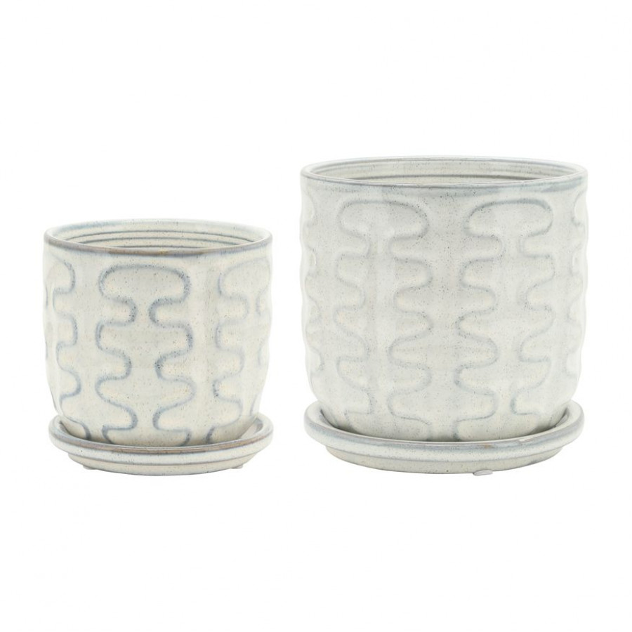 Sagebrook - 5"/6" Wiggly Ceramic Planters With Saucer (Set Of 2) in Beige