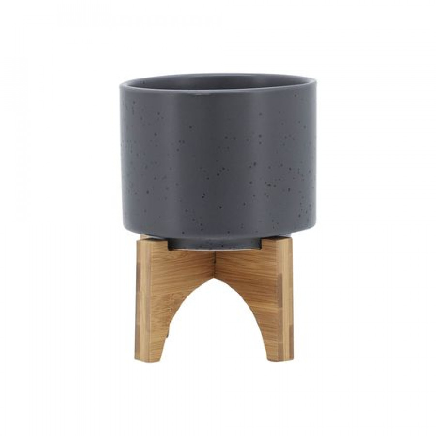 Sagebrook 5" Planter With Wood Stand - Matte Gray