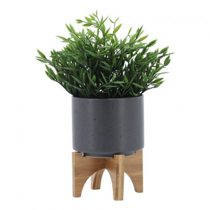 Sagebrook 5" Planter With Wood Stand - Matte Gray