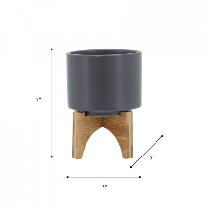 Sagebrook 5" Planter With Wood Stand - Matte Gray
