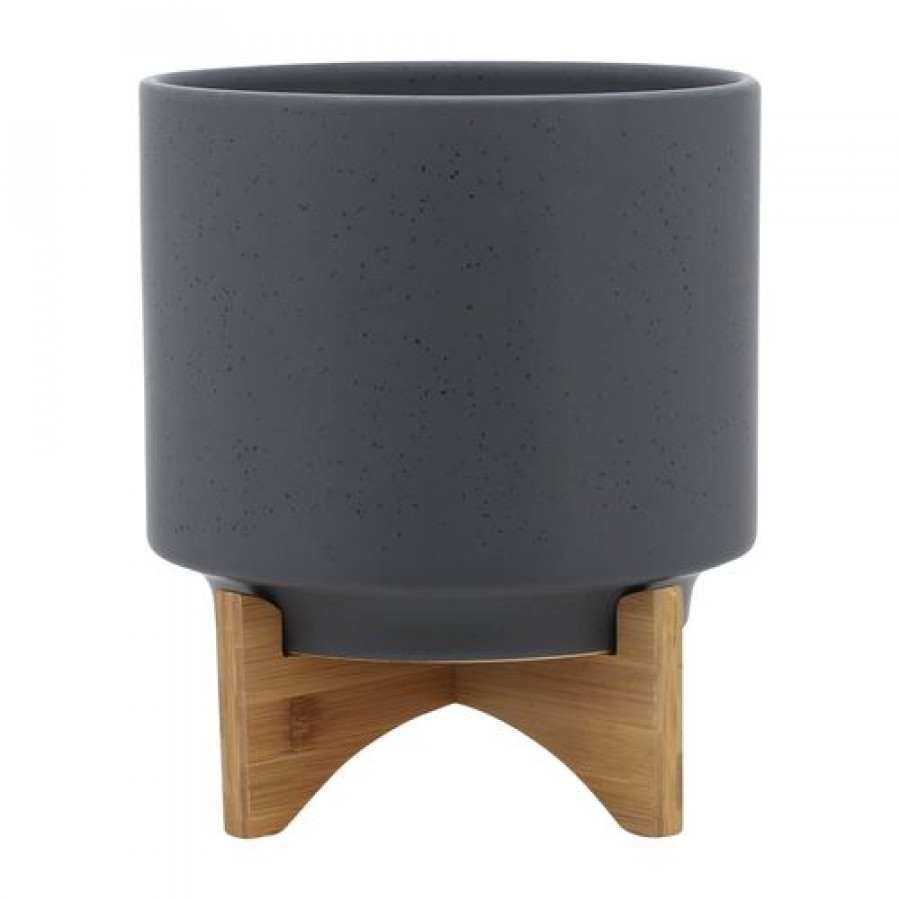 Sagebrook 10" Planter With Wood Stand - Matte Gray