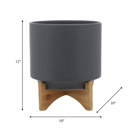 Sagebrook 10" Planter With Wood Stand - Matte Gray