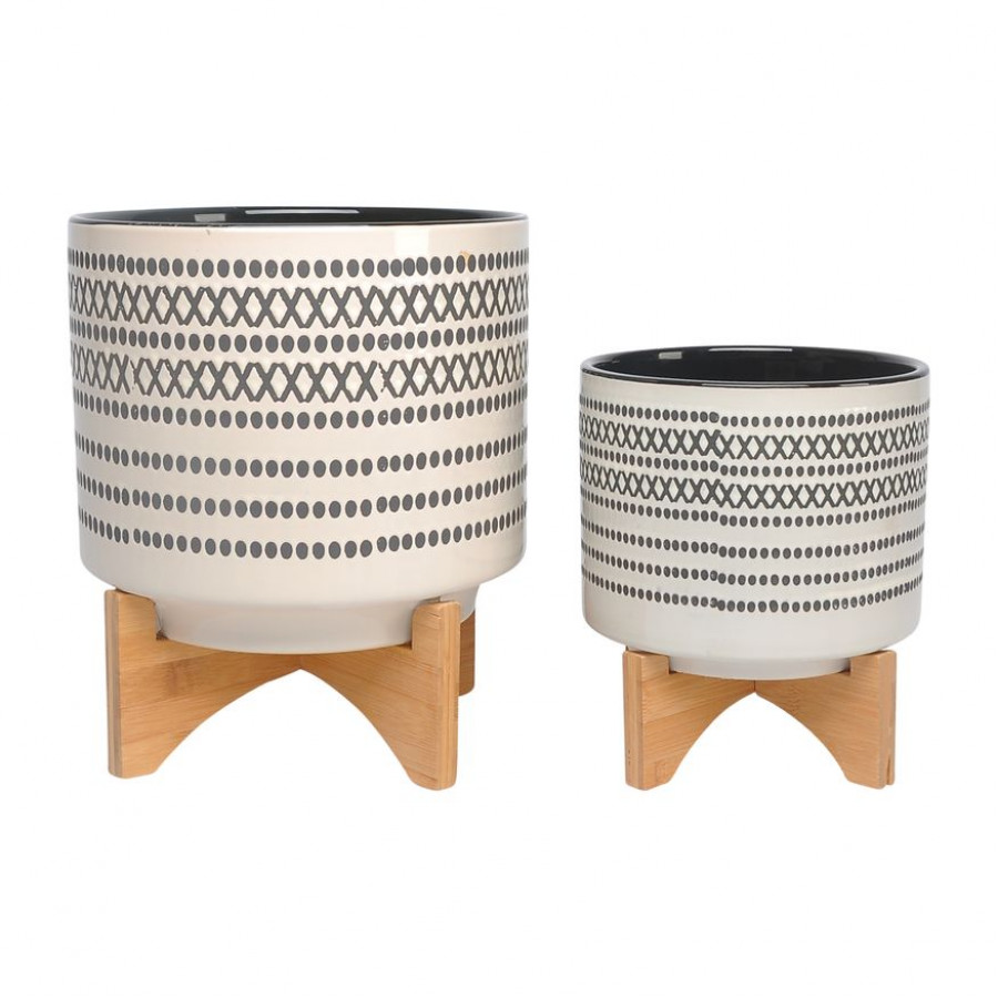 Sagebrook - 8"/10" Aztec Planters With Wood Stand (Set Of 2) in Gray