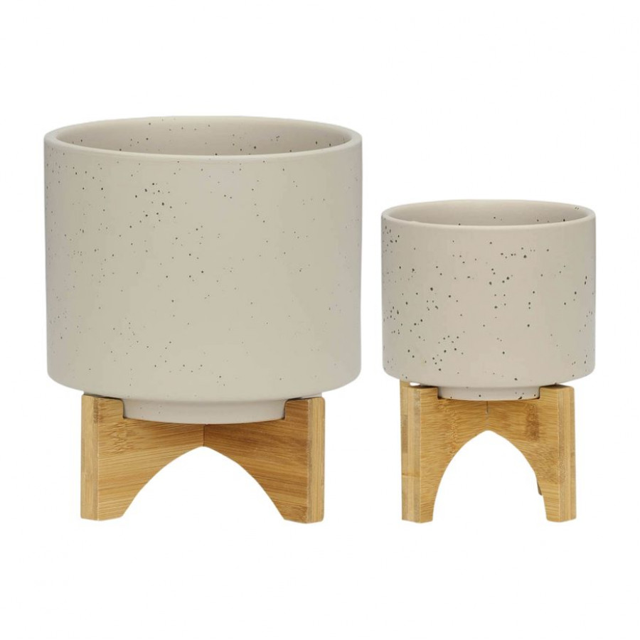 Sagebrook 5"/8" Planters With Wood Stand (Set Of 2) - Matte Beige