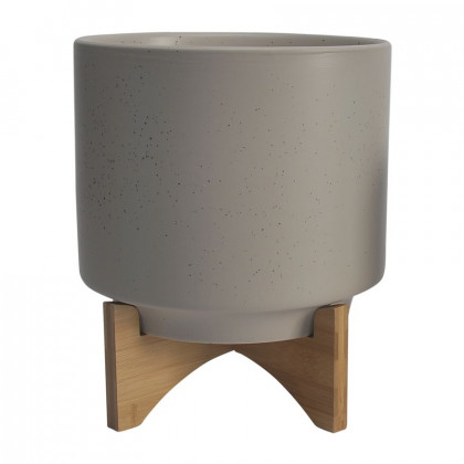 Sagebrook 8"/10" Ceramic Planters With Wood Stand (Set Of 2) - Matte Beige