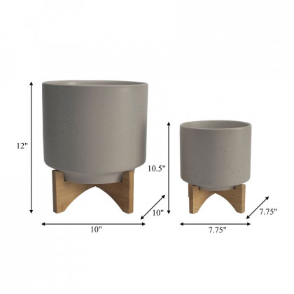 Sagebrook 8"/10" Ceramic Planters With Wood Stand (Set Of 2) - Matte Beige
