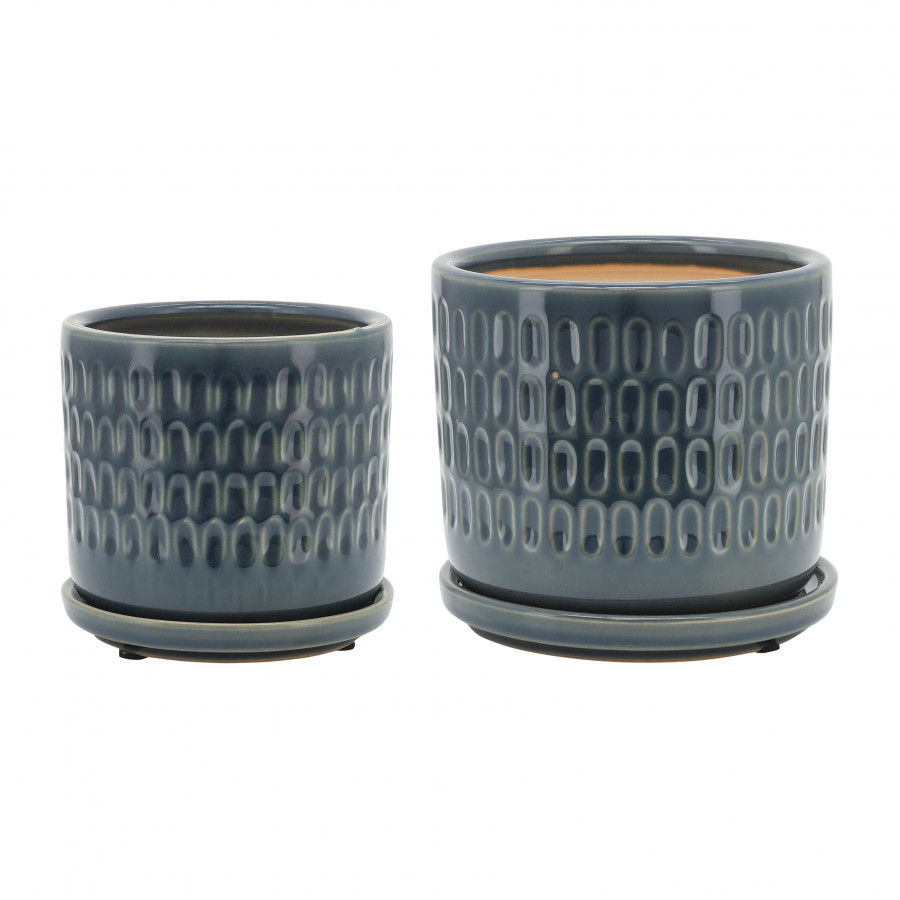 Sagebrook 6" Dimpled Planters with Saucer (Set Of 2) - Blue