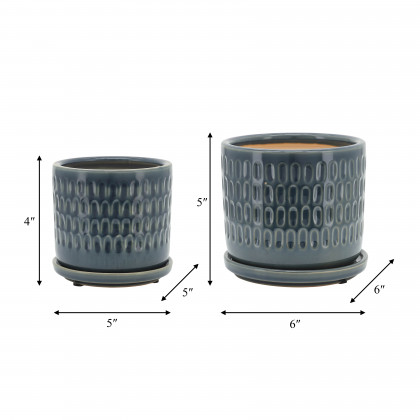 Sagebrook 6" Dimpled Planters with Saucer (Set Of 2) - Blue