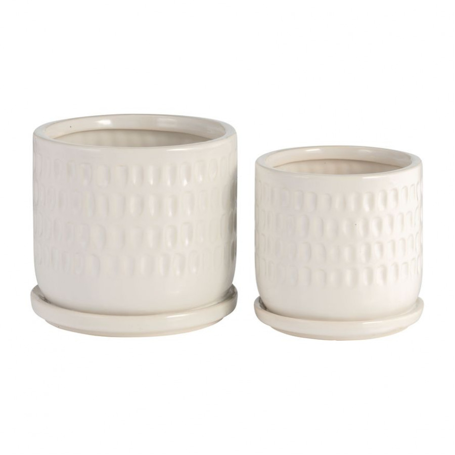 Sagebrook - 5"/6" Dimpled Planters With Saucer (Set Of 2) in White