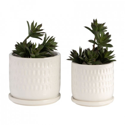 Sagebrook - 5"/6" Dimpled Planters With Saucer (Set Of 2) in White