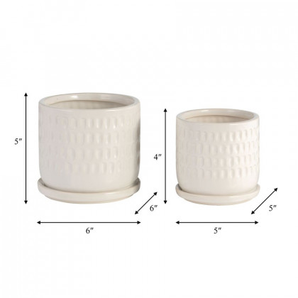 Sagebrook - 5"/6" Dimpled Planters With Saucer (Set Of 2) in White