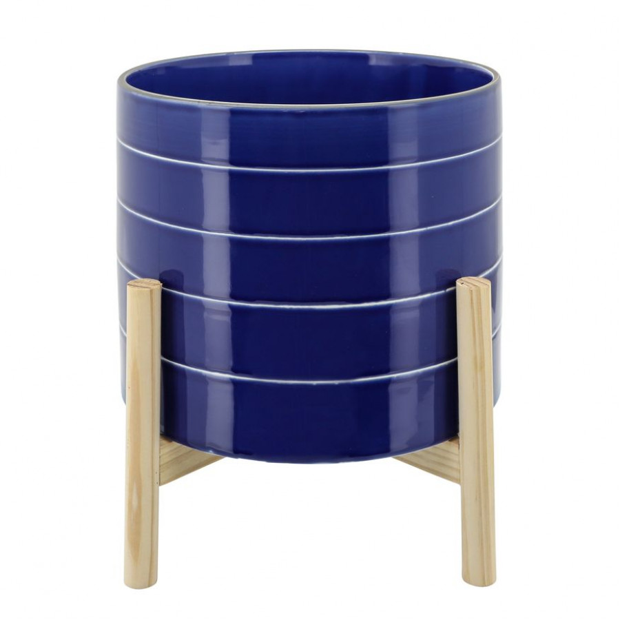 Sagebrook 10" Striped Planter With Wood Stand - Navy